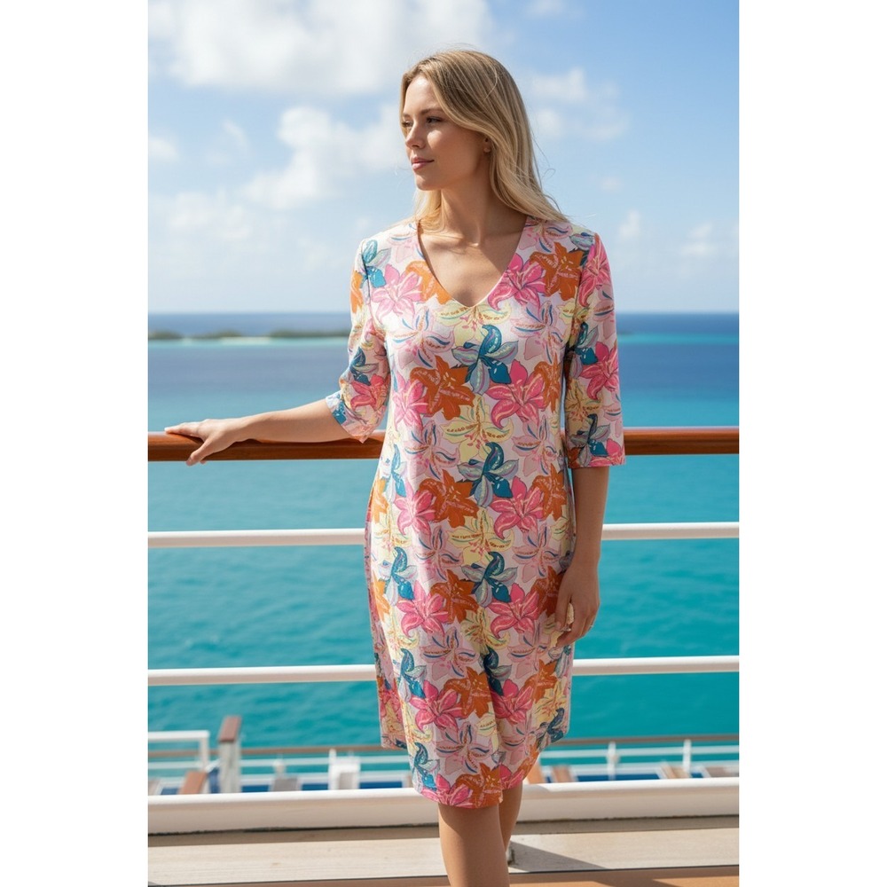 Lulu-B Shift Dress Women Multicolor Tropical Lily Floral V-Neck Stretch S